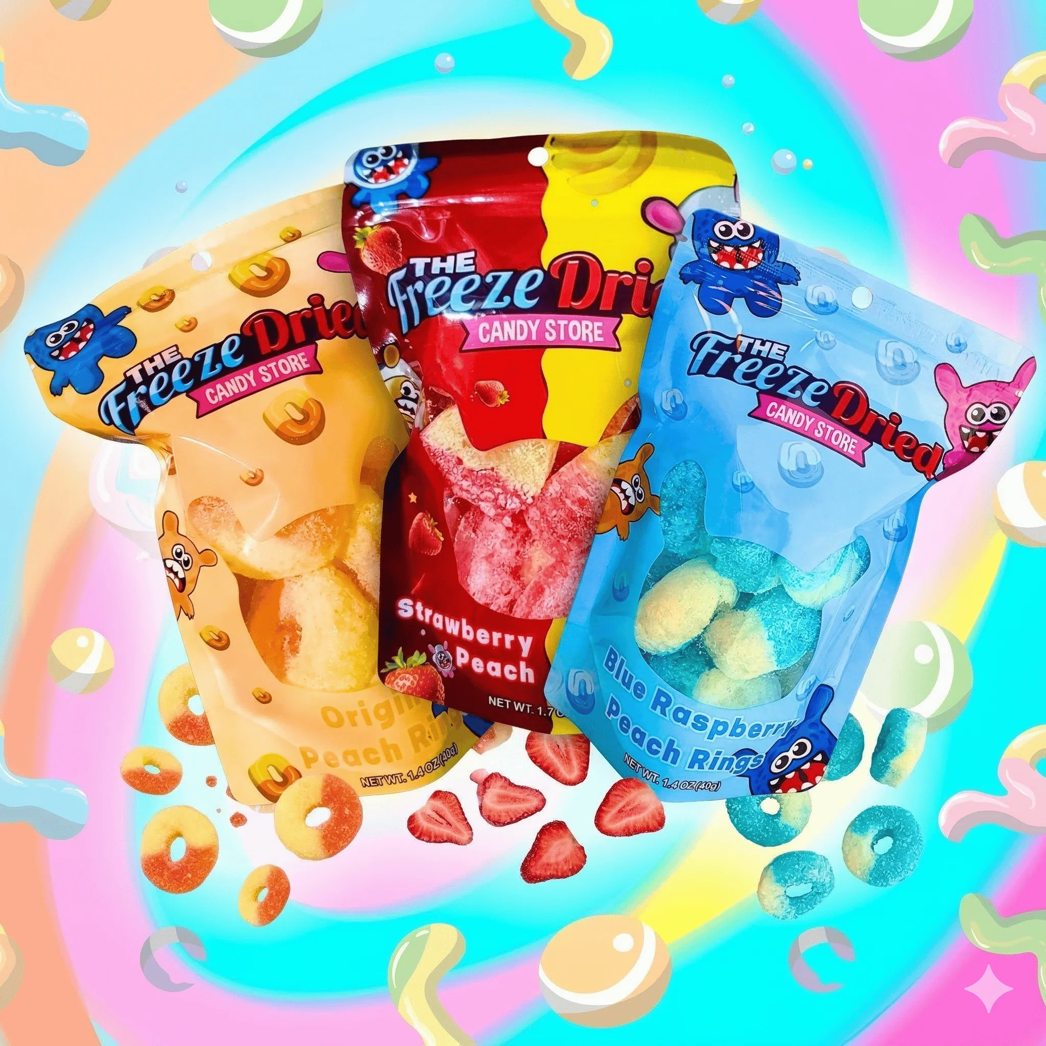 Peach Ring x3 Bag Bundle - Peach, Blue Raz, Strawberry Banana - Crunchy Candy - The Freeze Dried Candy Store - Candy Bundle - Fruity Candy